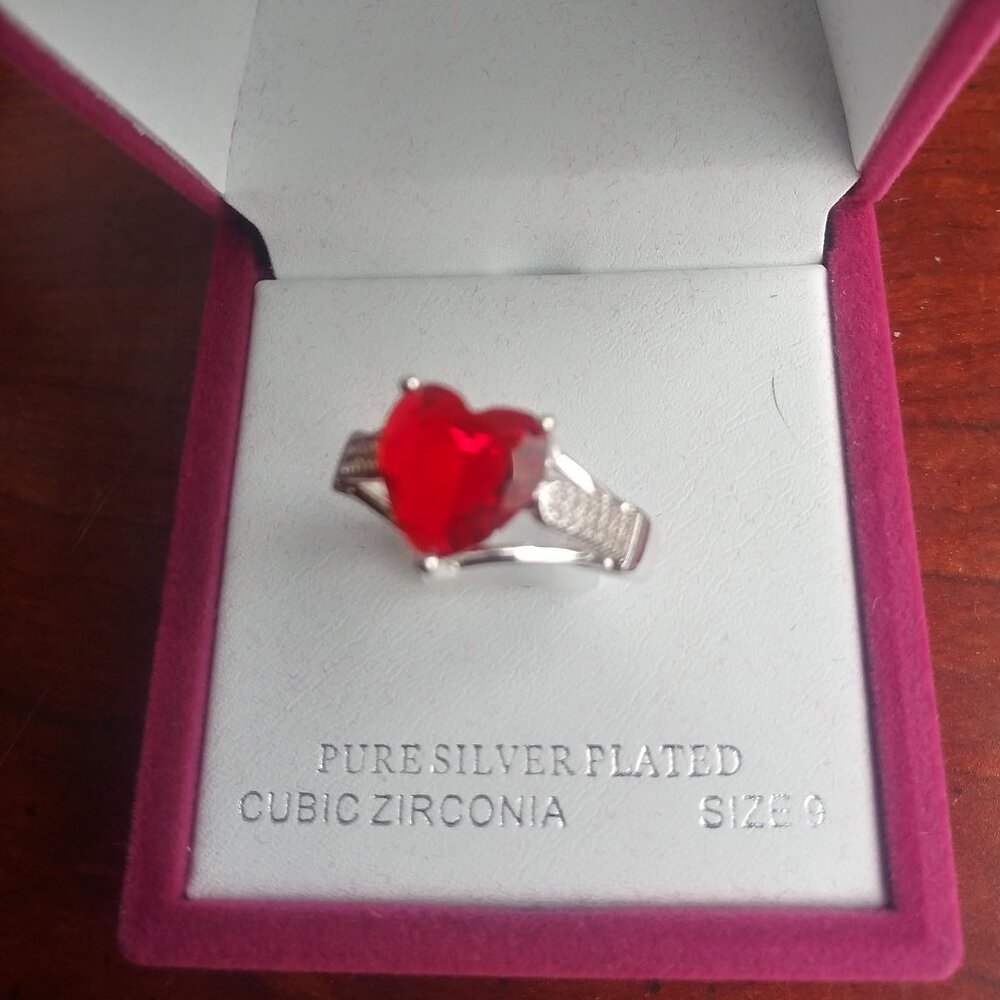Sparkle Allure Silver Plated Red Heart Cubic Zirconia Ring Size 9